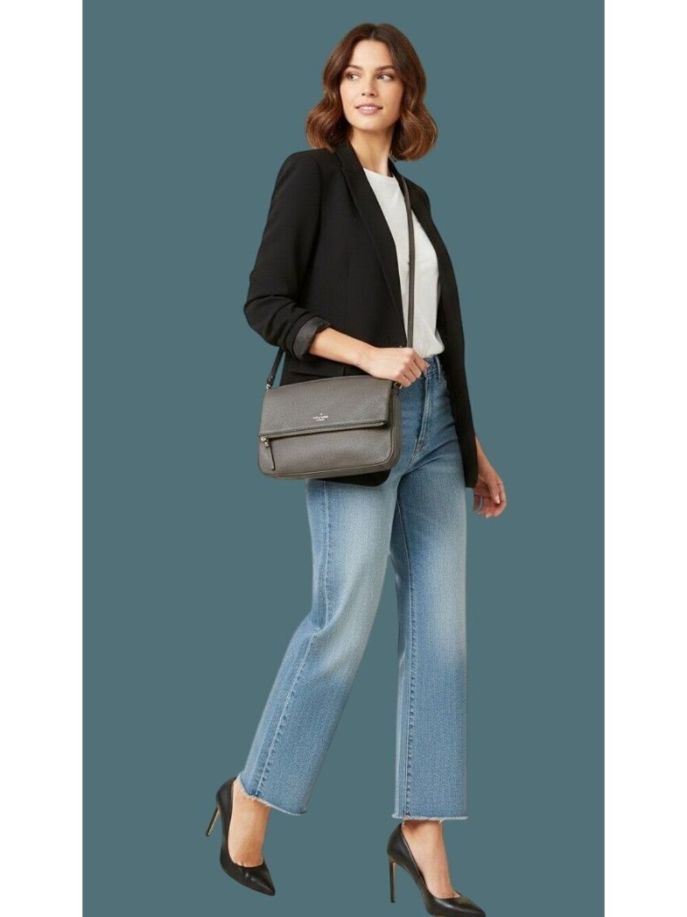 Kate Spade Gray Pebbled Leather Flap Over Crossbody Bag